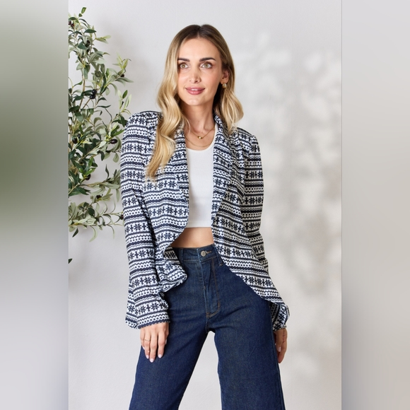 Heimish Full Size Open Front Snowflake Print Pattern Long Sleeve Blazer - Picture 1 of 11